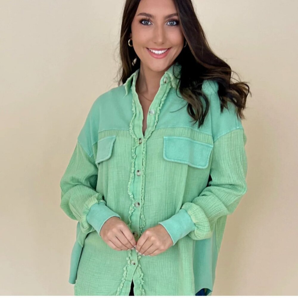 Ott Size M Over Sized Mint Green Button Down Shirt Gauze Ribbed Lagen Look Top
